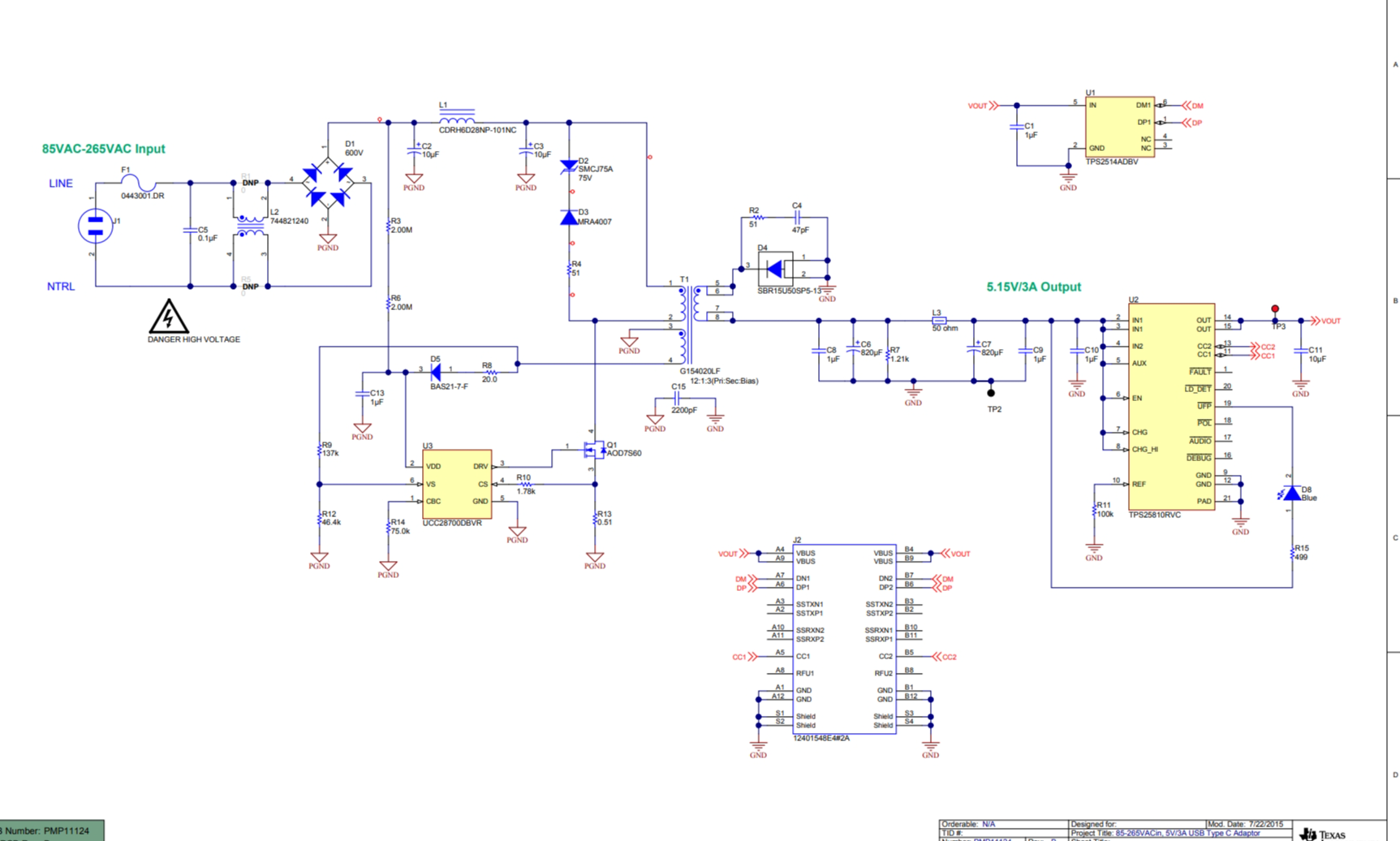 USB-C，DFP，5V/3A 输出，85-265VAC 输入，适配器，低成本参考设计