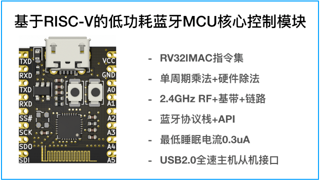 基于RISC-V的低功耗蓝牙MCU核心控制模块，DIP16/邮票孔封装，内置BLE和ADC